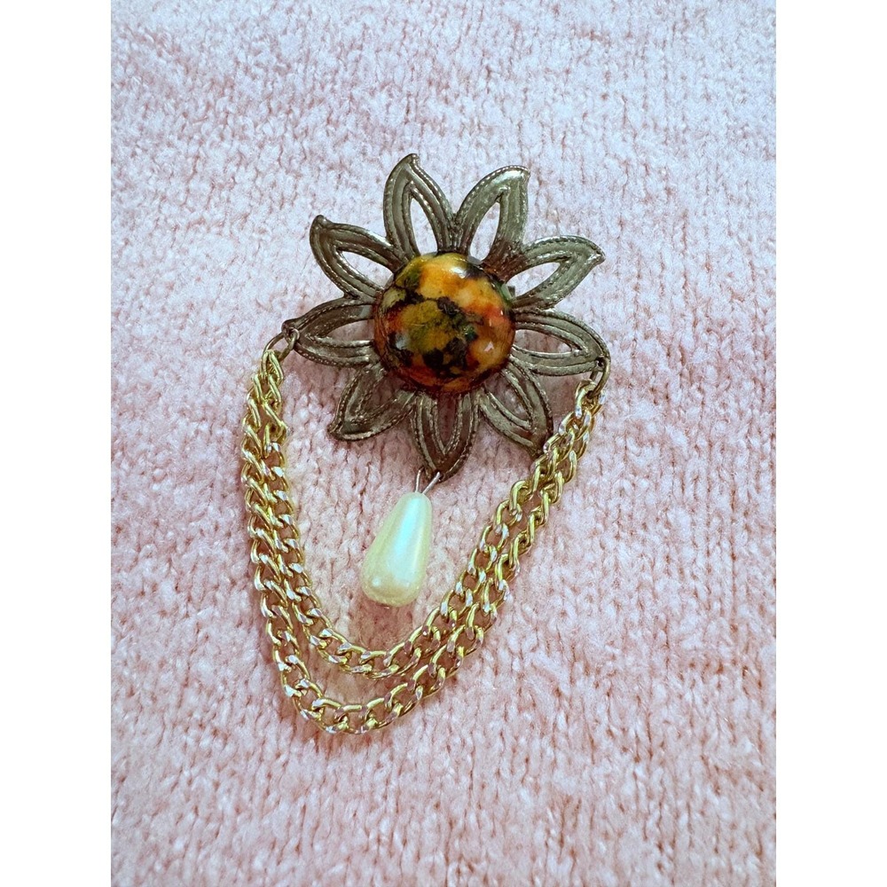 Vintage‎ Gold Tone Sunflower Brooch with Double Chain Drape and Faux Pearl Charm